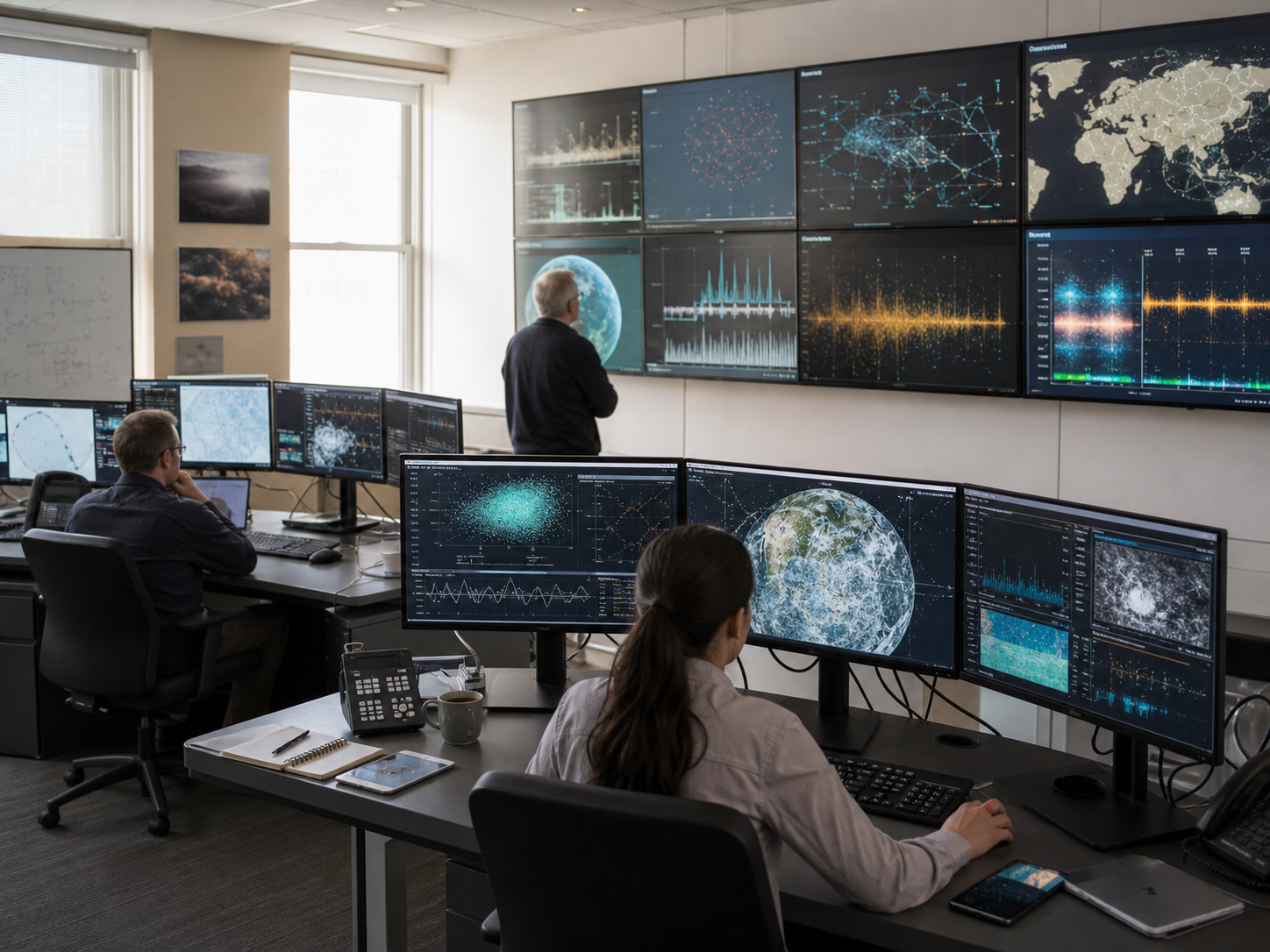 A scientific analysis room with analysts reviewing sensor data on large displays